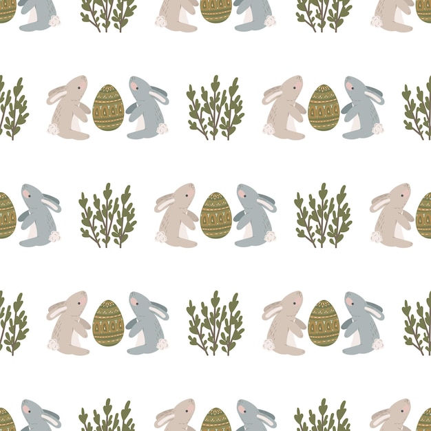 Patrón sin fisuras con conejos. Liebre, Pascua, primavera, flores. Lindo estampado infantil. Gráficos vectoriales.