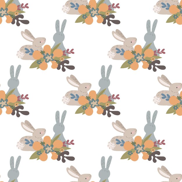 Patrón sin fisuras con conejos. Liebre, Pascua, primavera, flores. Lindo estampado infantil. Gráficos vectoriales.