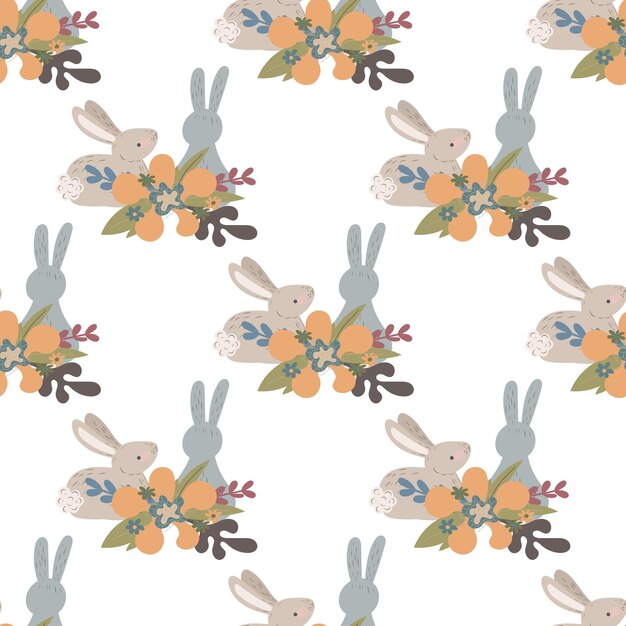 Patrón sin fisuras con conejos. liebre, pascua, primavera, flores. lindo estampado infantil. gráficos vectoriales.