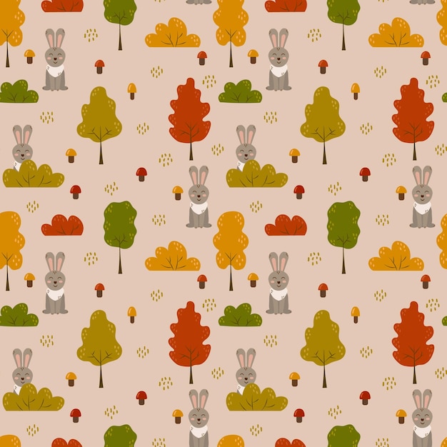 Vector patrón sin fisuras con conejos, setas y árboles de otoño sobre fondo beige en estilo plano.