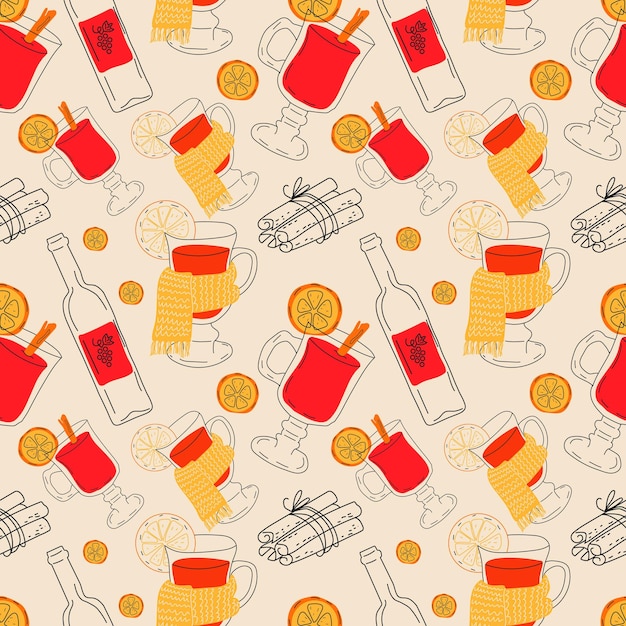 Patrón sin fisuras. Conjunto de ilustraciones vectoriales de vino caliente y especias.
