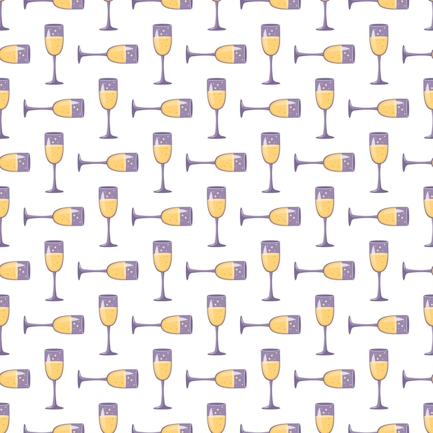 Patrón sin fisuras con copas de vino espumoso con burbujas para vacaciones, fiestas y cumpleaños. imprimir con bebida alcohólica para Navidad y año nuevo. Ilustración vectorial plana