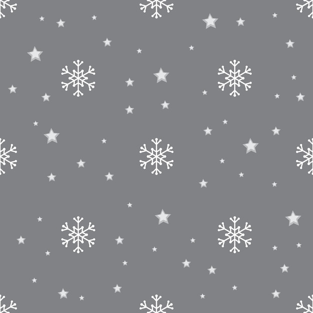 Patrón sin fisuras con copos de nieve blancas y estrellas sobre fondo gris. Decoración tradicional de invierno festivo para año nuevo, Navidad, vacaciones y diseño. Adorno de línea simple