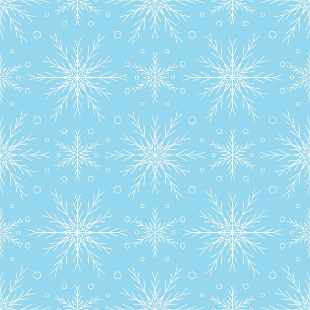 Patrón sin fisuras con copos de nieve blancas sobre fondo azul. Decoración tradicional de invierno festivo para año nuevo, Navidad, vacaciones y diseño. Adorno de copo de nieve de repetición de línea simple