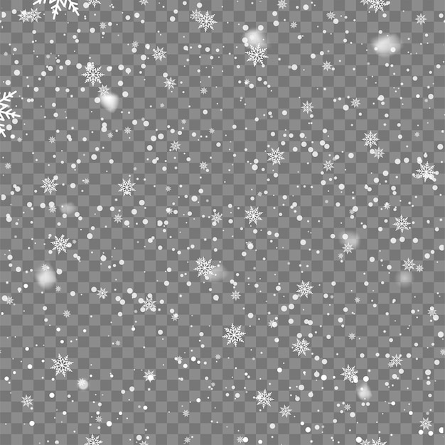 Patrón sin fisuras con copos de nieve cayendo sobre fondo transparente. Vector