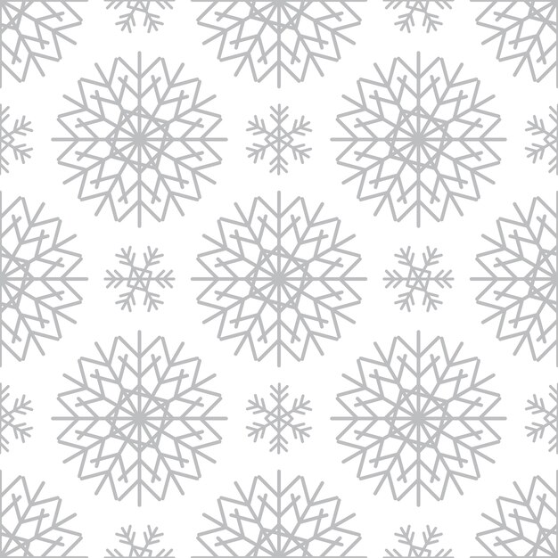 Patrón sin fisuras con copos de nieve plateados sobre fondo blanco. decoración tradicional de invierno festivo para año nuevo, navidad, vacaciones y diseño. adorno de copo de nieve de repetición de línea simple