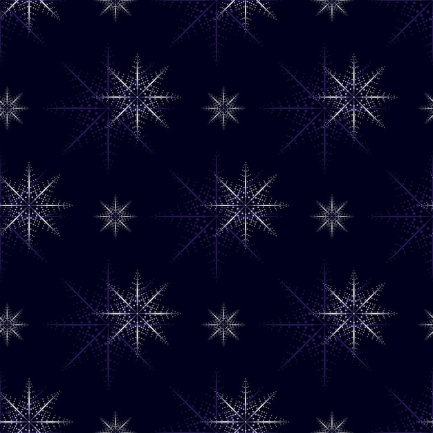 Patrón sin fisuras de copos de nieve sobre fondo púrpura oscuro Hermosas estrellas blancas en la noche Vector para año nuevo y Navidad diseño vacaciones de invierno ilustración envoltura de regalo impresión
