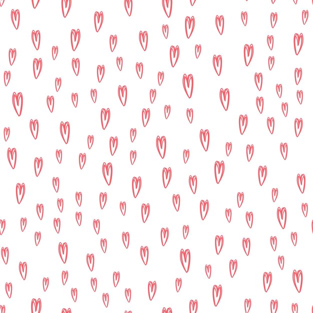 Patrón sin fisuras con corazones de doodle rosa dibujados a mano sobre fondo blanco