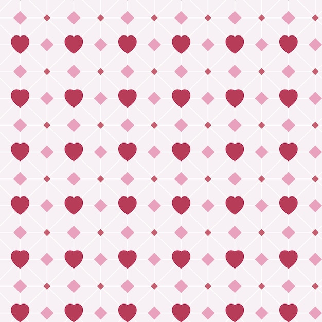 Patrón sin fisuras de corazones y formas geométricas en tonos rosas.