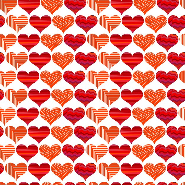 Patrón sin fisuras con corazones rojos. Diferentes corazones rojos sobre un fondo blanco. Ilustración vectorial de San Valentín.
