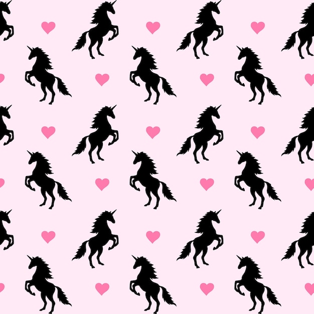 Patrón sin fisuras de corazones y siluetas de unicornio
