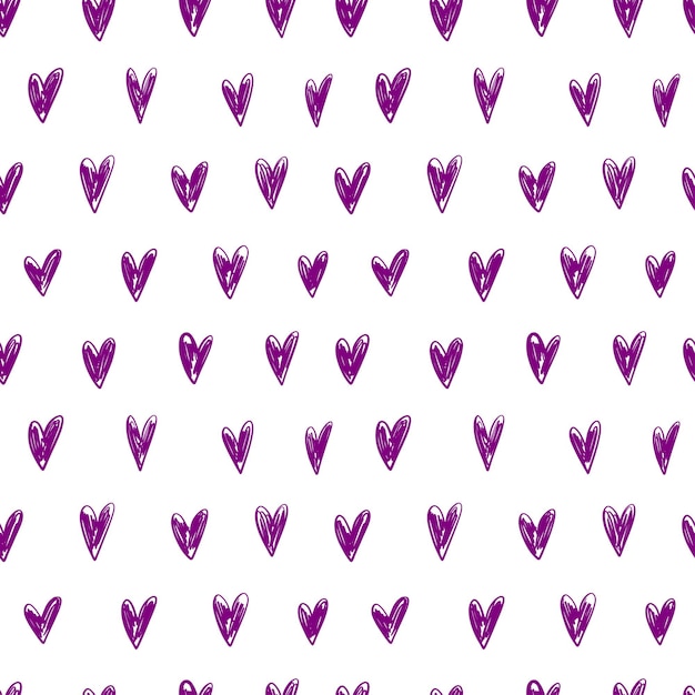 Patrón sin fisuras con corazones violetas dibujados a mano ilustración vectorial en estilo boceto Día de San Valentín