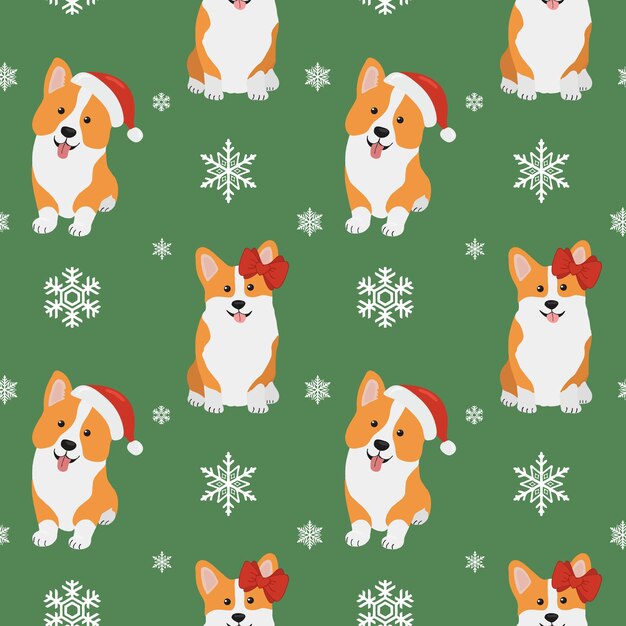 Patrón sin fisuras con corgis con sombrero de Santa Claus y copos de nieve Feliz Navidad y próspero año nuevo