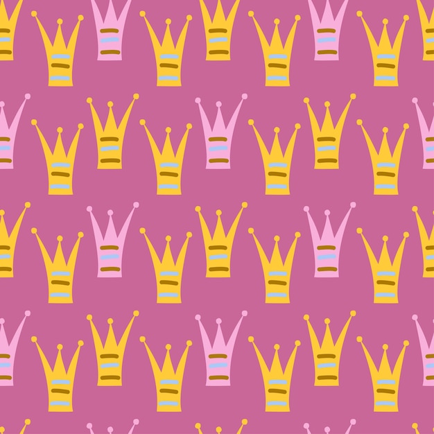 Patrón sin fisuras con corona de dibujos animados sobre un fondo rosa