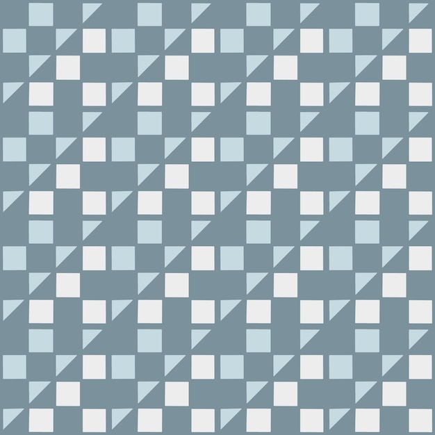 Patrón sin fisuras de cuadrados y triángulos. Compuesto por azul y gris.