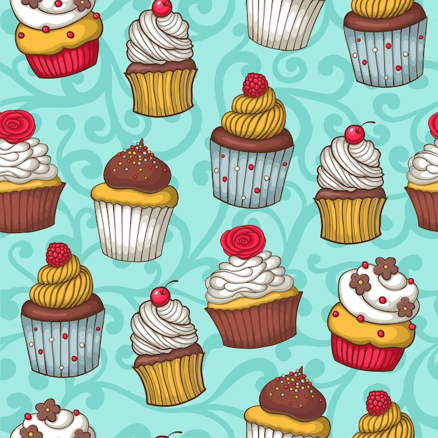 Patrón sin fisuras con cupcakes diseño dibujado a mano ilustración vectorial