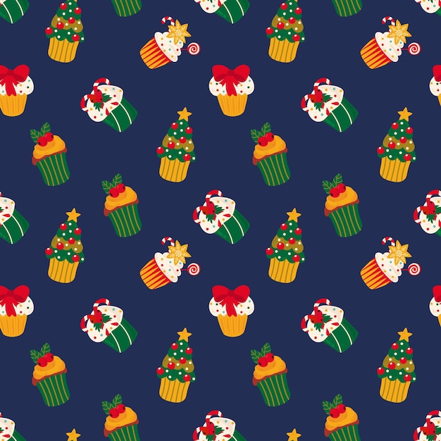 Patrón sin fisuras con cupcakes de Navidad. Diseño para tela, textil, papel pintado, embalaje, envoltura.