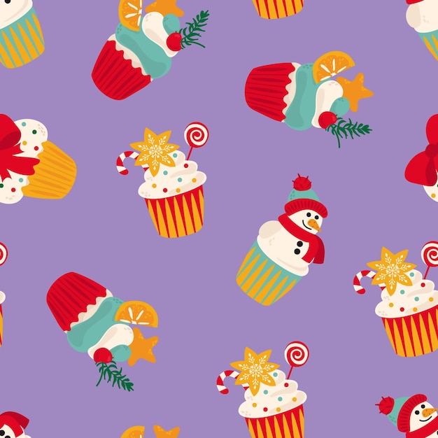 Patrón sin fisuras con cupcakes de navidad. diseño para tela, textil, papel pintado, embalaje, envoltura.