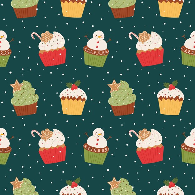 Patrón sin fisuras de cupcakes de Navidad Patrón sin fisuras en un estilo de dibujos animados plana sobre un fondo verde oscuro