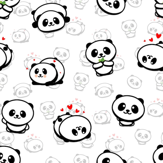 Patrón sin fisuras con Cute Panda Asian Bear Ilustraciones vectoriales Colección de animales chinos Elementos de textura simple Conjunto de iconos de mamíferos en blanco y negro