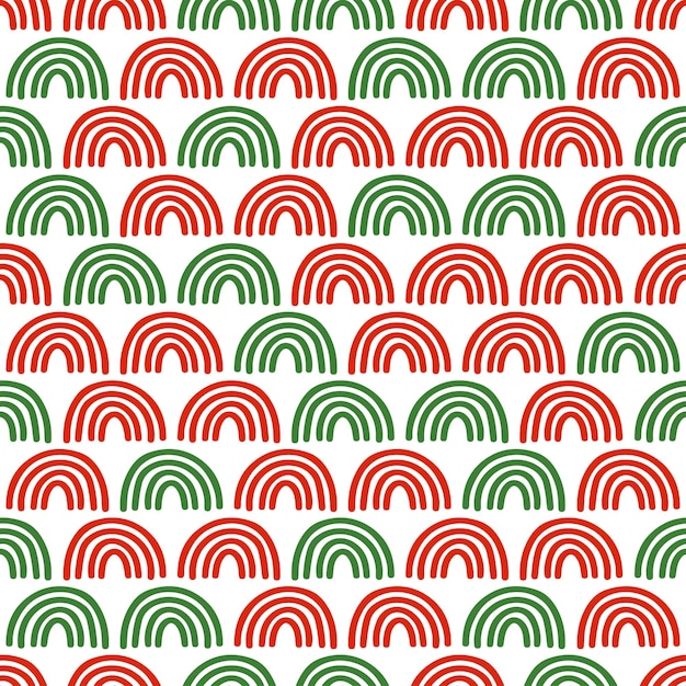 Patrón sin fisuras con decoración navideña. Arco iris rojos y verdes sobre fondo blanco.