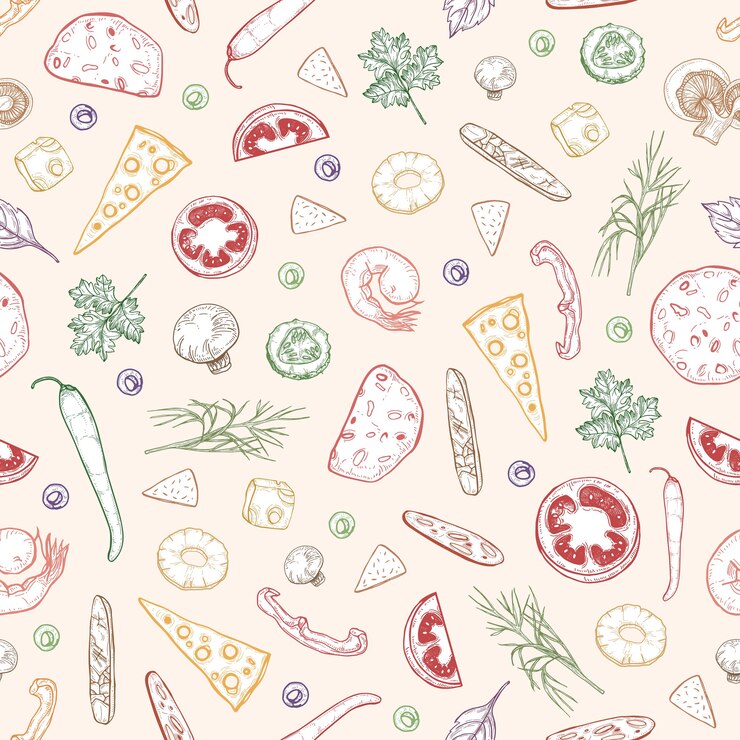 Vector patrón sin fisuras con deliciosas coberturas de pizza o ingredientes dibujados a mano con líneas de contorno de colores sobre fondo claro