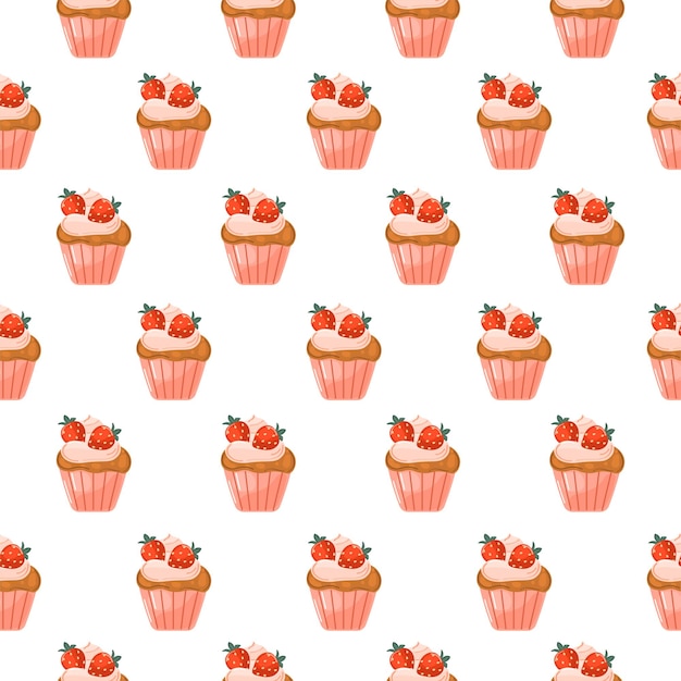 Patrón sin fisuras de deliciosos cupcakes con fresas sobre fondo blanco.