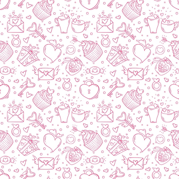 Patrón sin fisuras con el día de San Valentín y amor objetos monocromáticos en estilo doodle.