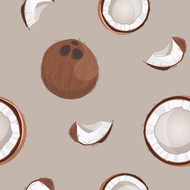 Patrón sin fisuras dibujado a mano de coco. Wasser de coco, envasado de leche. Vector de tela, textil, cubierta