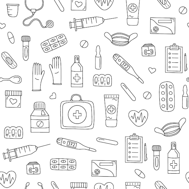Patrón sin fisuras dibujado a mano con medicamentos y suministros de primeros auxilios Ilustración vectorial aislado sobre fondo blanco