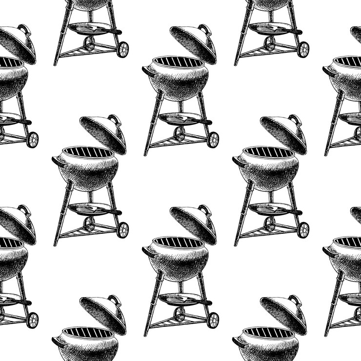 Vector patrón sin fisuras dibujado a mano de parrilla de carbón de barbacoa portátil
