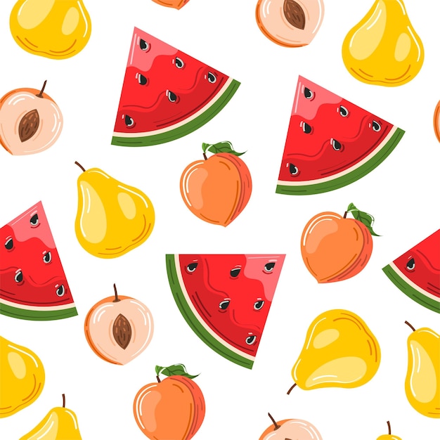 Patrón sin fisuras con dibujo de fruta kawaii Diseño de patrón con sandía melocotón y pera