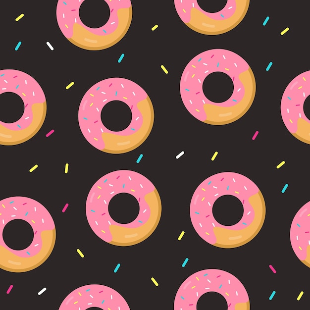 Vector patrón sin fisuras de dibujos animados con donuts sobre un fondo oscuro. ilustración vectorial