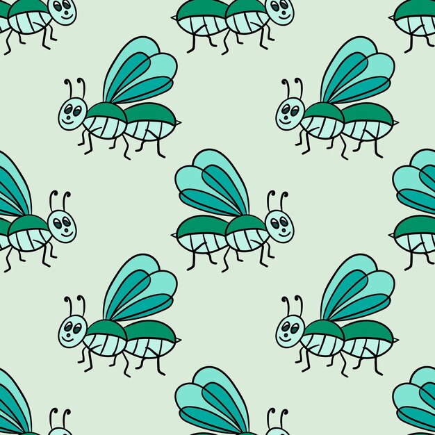 Patrón sin fisuras con dibujos animados doodle lineal midge, mosca. Fondo de insecto infantil.