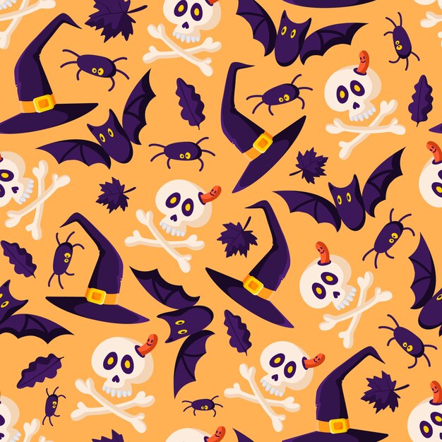 Patrón sin fisuras de dibujos animados de Halloween - murciélago negro, cráneo y huesos, araña, sombrero de brujas y hojas de otoño