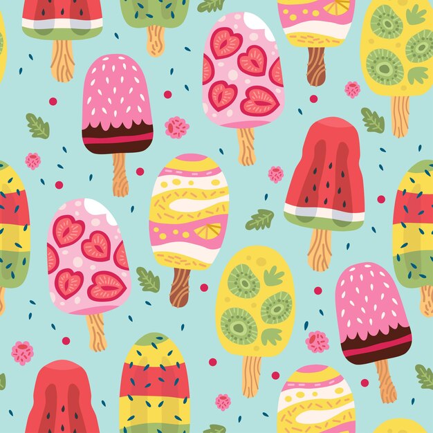 Patrón sin fisuras de dibujos animados con helado en conos de galleta
