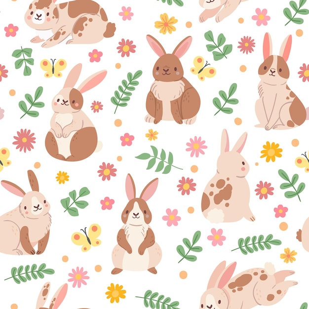 Patrón sin fisuras de dibujos animados lindo con conejo, flor y mariposa. Fondo floral de primavera con conejito de pascua. Impresión de vector de animales infantiles