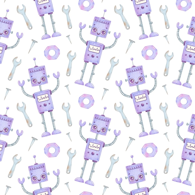 Patrón sin fisuras de dibujos animados lindo robot púrpura