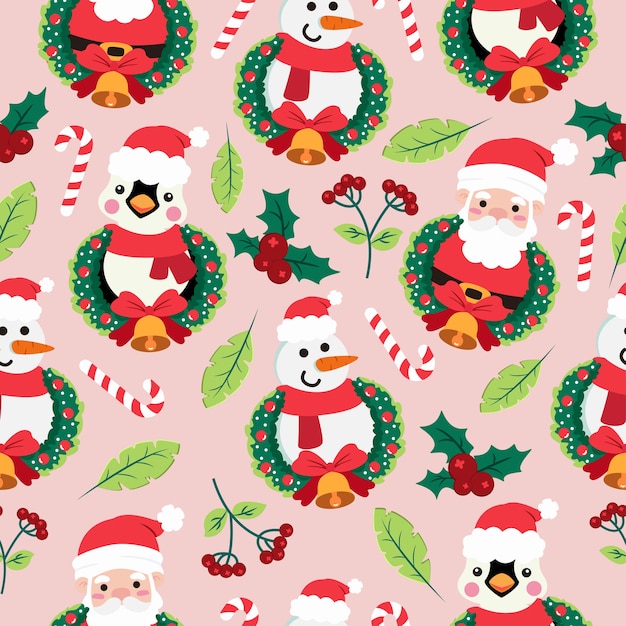 Patrón sin fisuras de dibujos animados de Navidad con pingüino y santa claus