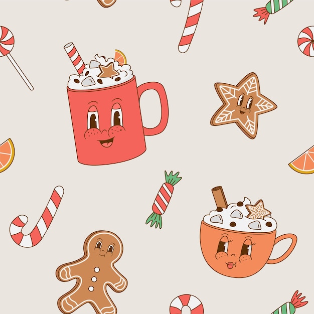 Patrón sin fisuras con dibujos animados retro Navidad taza de café personajes mascota capuchino