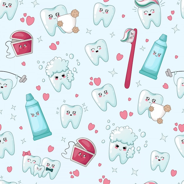 Patrón sin fisuras con los dientes kawaii con diferentes emoji