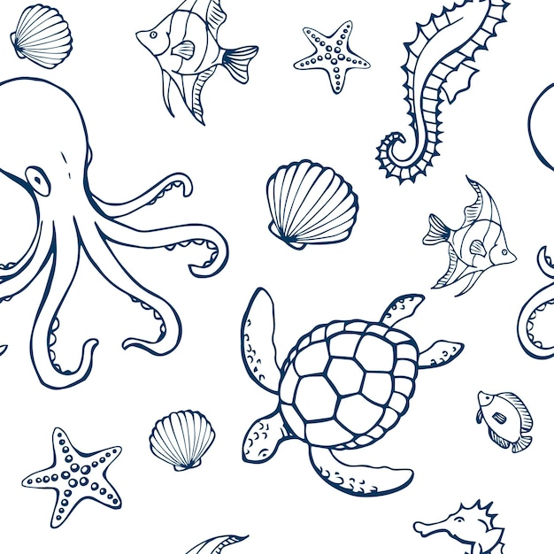 Patrón sin fisuras con diferentes animales y objetos marinos. Fondo de vida submarina de mar u océano. Elementos conceptuales. Ilustración de vector de estilo dibujado a mano.