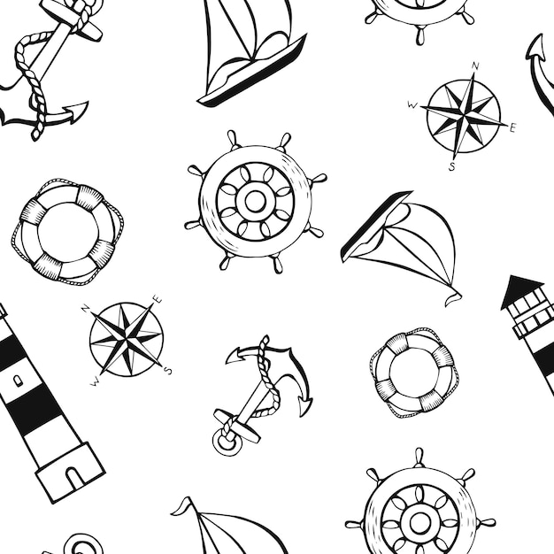 Patrón sin fisuras con diferentes animales y objetos marinos. Fondo de vida submarina de mar u océano. Elementos conceptuales. Ilustración de vector de estilo dibujado a mano.