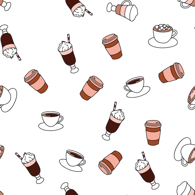 Patrón sin fisuras con diferentes bebidas calientes, impresión para productos de panadería. Estilo Doodle. Fondo blanco.