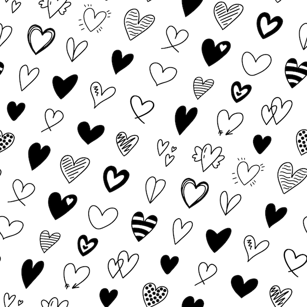 Patrón sin fisuras con diferentes garabatos de corazón dibujados a mano románticas formas de corazón blanco y negro