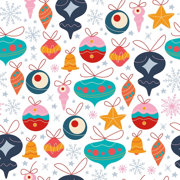 Patrón sin fisuras con diferentes juguetes de decoración de abeto, campanas y pelotas, copos de nieve abstractos y estrellas aisladas. Para tarjetas de Navidad, invitaciones, papel de embalaje. Ilustración de dibujos animados plano de vector.