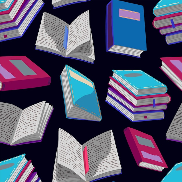 Patrón sin fisuras de diferentes libros. Concepto de lectura. Ornamento de dibujos animados de ilustraciones vectoriales. Diseño para tela, textil, papel tapiz, fondo.