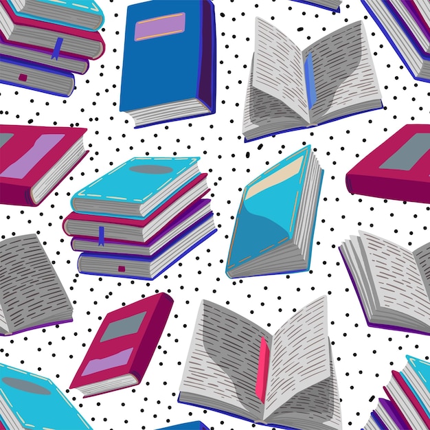 Patrón sin fisuras de diferentes libros y lunares. Concepto de lectura. Ornamento de dibujos animados de ilustraciones vectoriales. Diseño para tela, textil, papel tapiz, fondo.