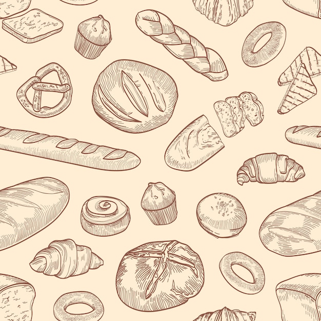 Vector patrón sin fisuras con diferentes panes y productos horneados dibujados a mano con líneas de contorno
