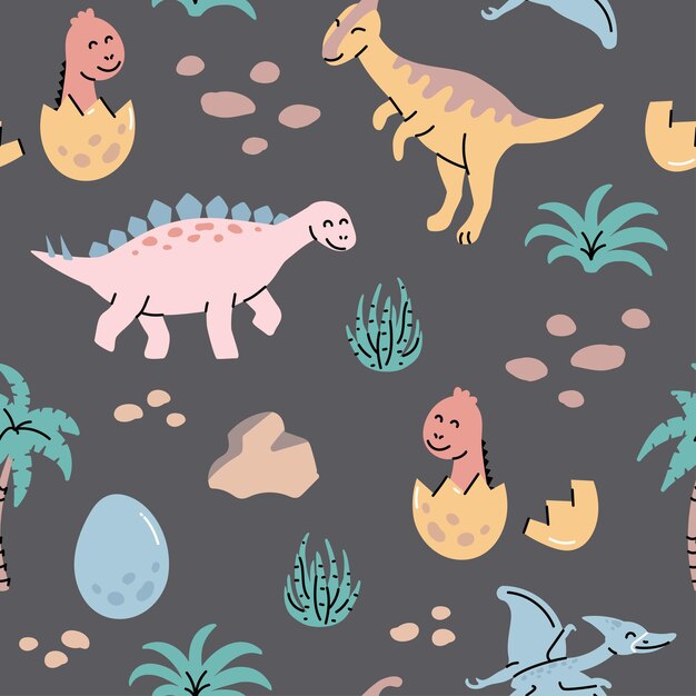 Patrón sin fisuras con dinosaurios dibujados a mano en estilo escandinavo vector creativo de moda infantil